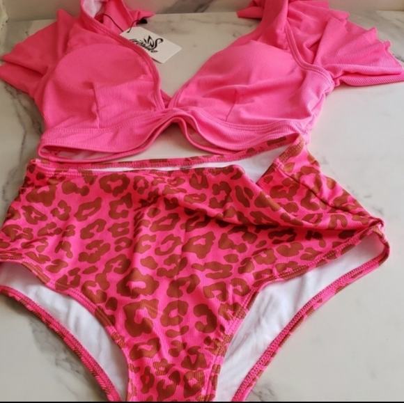 SPORLIKE Ruffle High Waist Swimsuit Hot Pink & Leopard Bikini Set Size XL - Picture 2 of 11